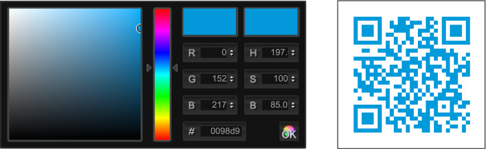 RGB値、HSB値、カラーコードでQRコード、重ね文字の色指定ができます。